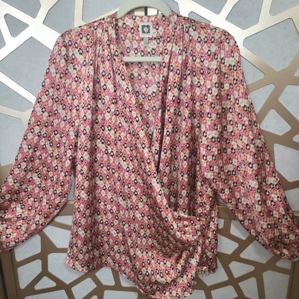 NWOT ANNE KLEIN Latte Multicolored Leopard Print Wrap Front Blouse